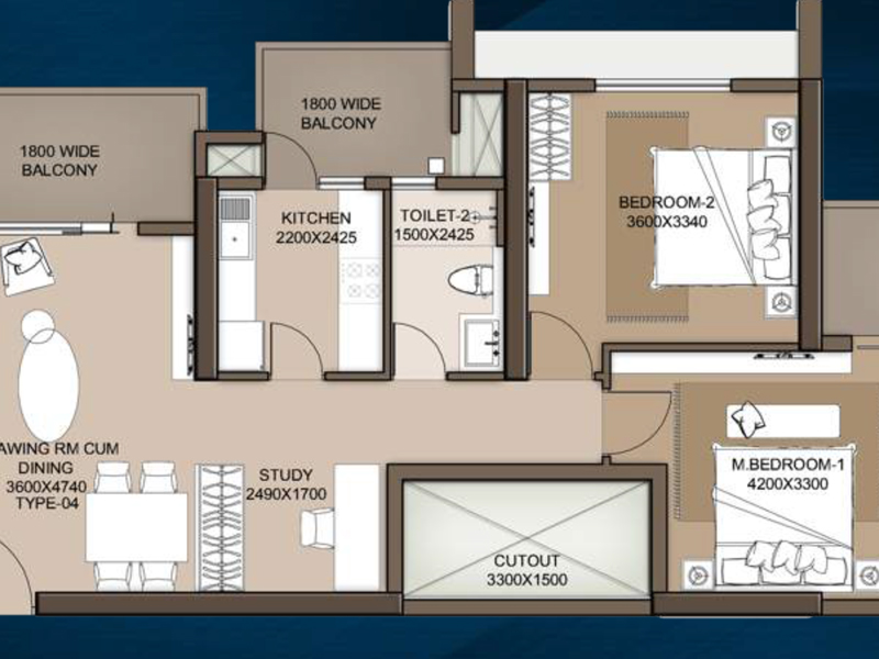 M3M Heights @65th Avenue Floor Plan Layout Type 04 2 BHK Study 1450 SqFt