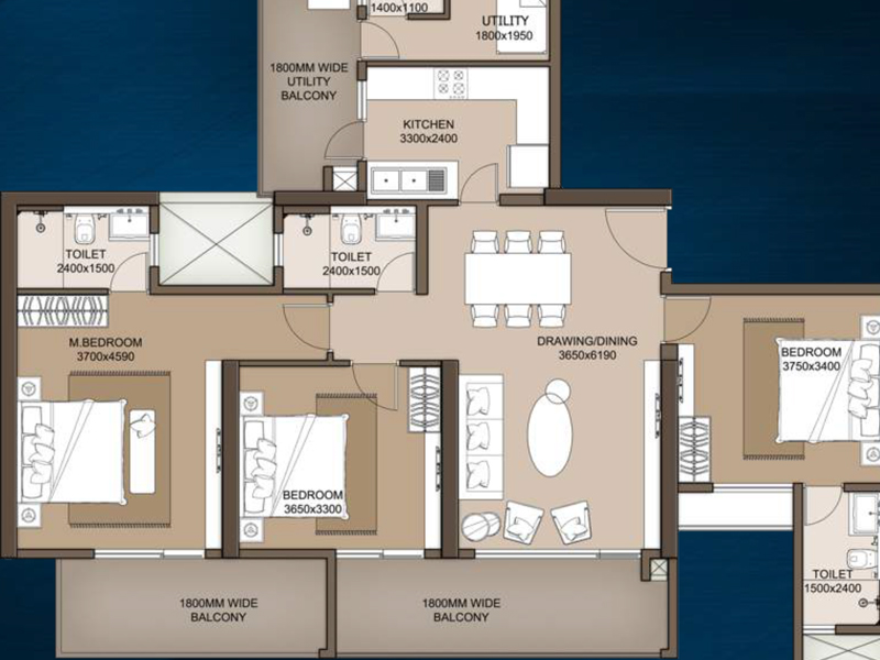 M3M Heights @65th Avenue Floor Plan Layout Type 07 3 BHK SR 2000 SqFt